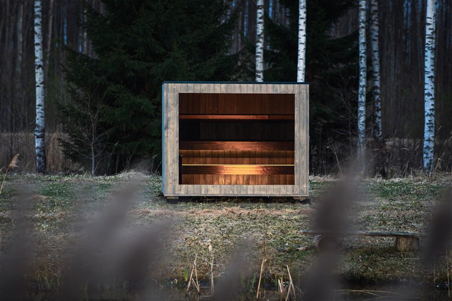 ROYAL L six-person outdoor sauna cabin with wide glazed front